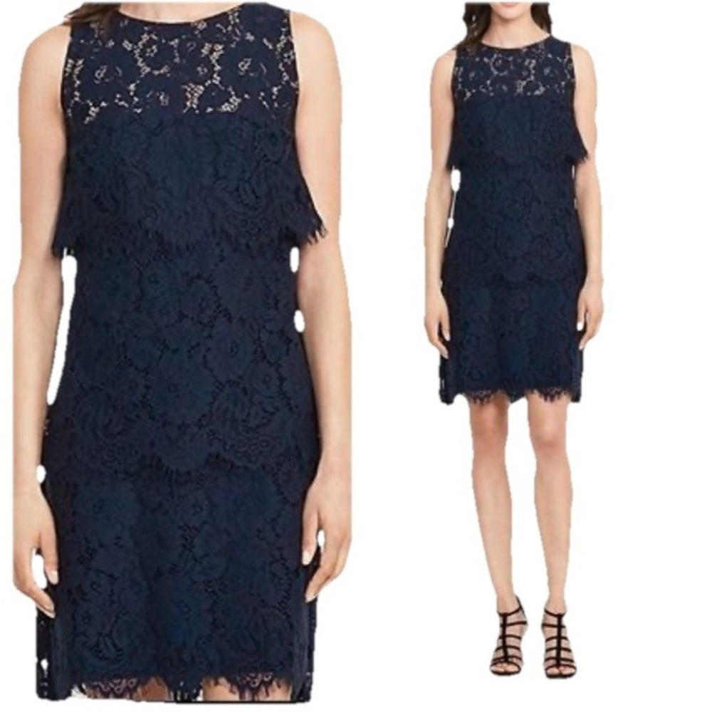 Lauren Ralph Lauren Navy Lace Tiered Sheath Dress Sz 14 Sleeveless Elegant Party